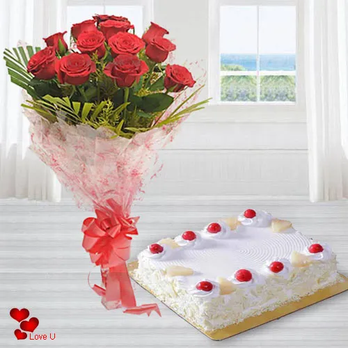 Buy Red Roses Bouquet N Eggless Cake Online