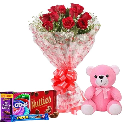 Rose Day Gift of Red Roses Bouquet with Teddy N Chocolates