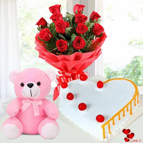 Send V-Day Combo of Red Roses with Teddy N Cake