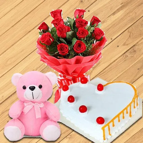 Shop Online Red Roses with Teddy N Heart Shaped Cake