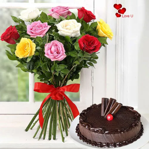Online Mixed Roses N Cake for Rose Day