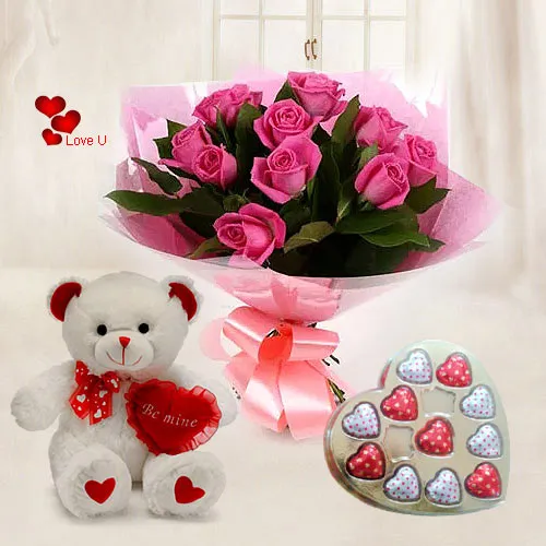 Gift Online Pink Roses with Teddy N Heart Shape Chocolates
