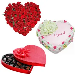 Blissful Heart Shaped cake with Heart Shaped Chocolates n Heart Shaped Red Roses