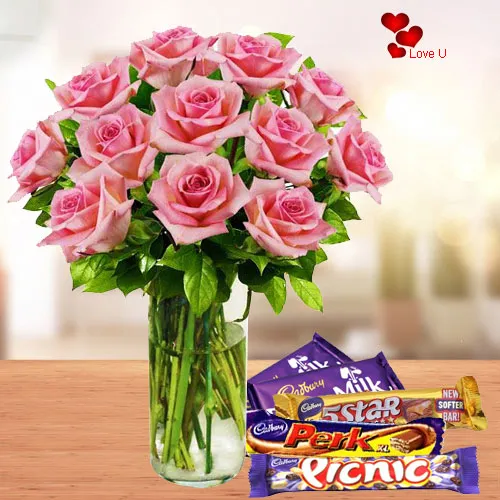 Gift Pink Roses in a Vase with Assorted Chocolates for Chocolate Day