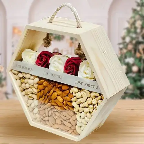 Send Dry Fruits in Hexagonal Basket with Red Roses
