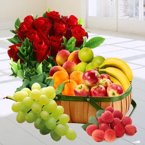 Natural Exotic Desire of Fresh Fruit in a Basket and Red Rose Bouquet