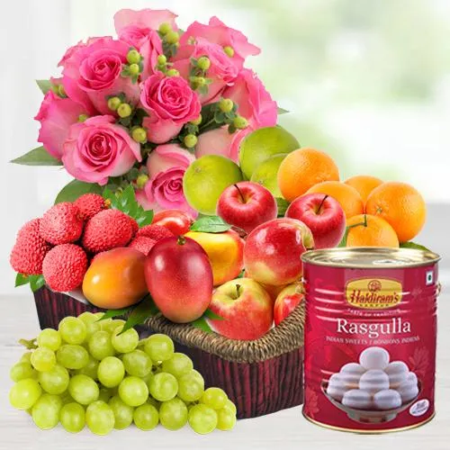 Deliver Fruits Basket, Haldiram Rasgulla N Rose Bouquet Online