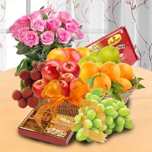 Basket of Fresh Fruits, Sweets & Pink Roses for your Mom
