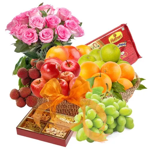 Shop Online Pink Roses Bouquet with Sweets and Fruits