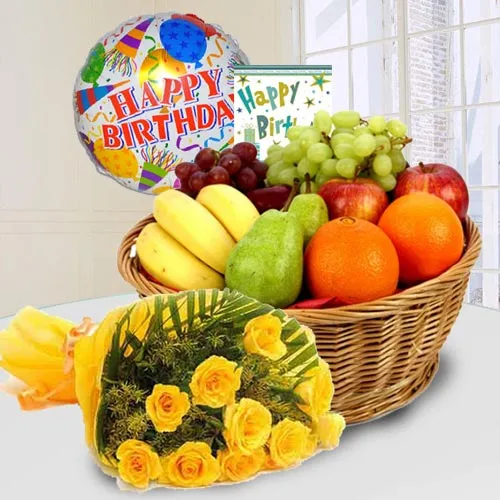 Delightful Fresh Fruits Basket with Yellow Rose Bouquet