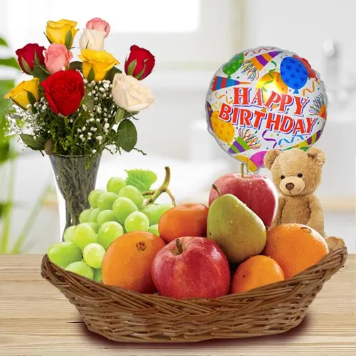 Deliver Fresh Fruits Basket with Roses Mylar Balloons n Teddy