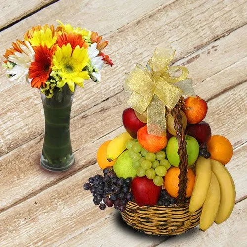 Amusing Fresh Fruits Basket with Mixed Gerberas in Vase