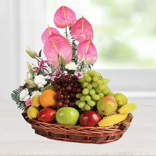 Special Basket of Fresh Fruits N Mixed Flowers