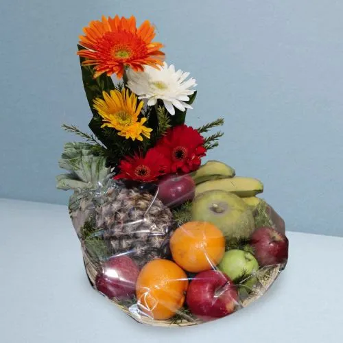 Exquisite Mixed Fruit Basket with Flowers Decoration