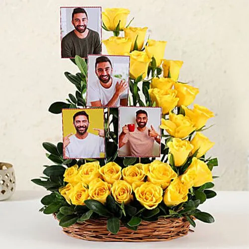 Cheerful Basket of Yellow Roses with Personalized Pics