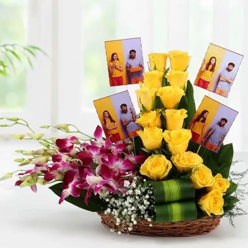 Send Purple Orchids n Yellow Roses with Personalized Pics in Basket