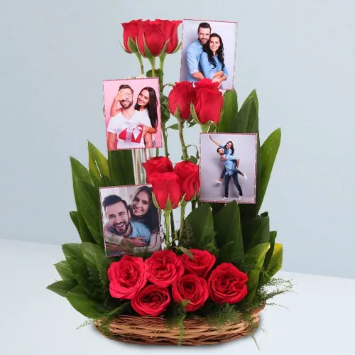 Expressive Display of Personalized Photo with Red Roses in Basket