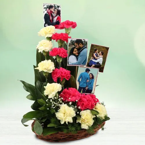 Shop for Red n Yellow Carnations n Personalized Pics in Basket