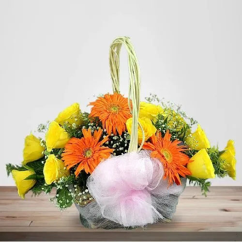 Blooming Orange N Yellow Flowering Basket