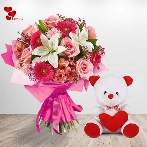 Send Lovely Teddy N Floral Bouquet Online