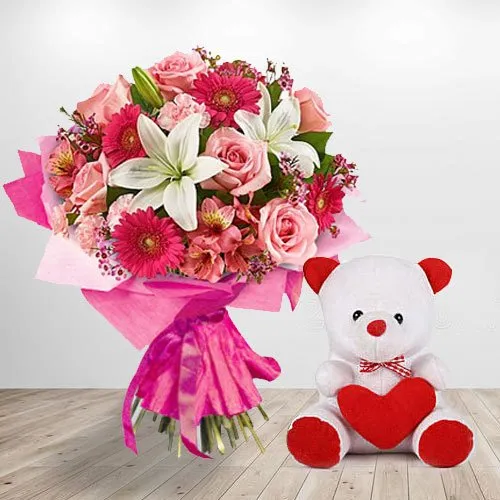 Basket Arrangement of Flowers N Teddy Bear