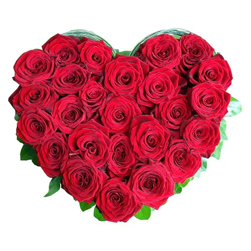 24 Heart Shaped Red Roses Arrangement with 500grms Assorted Sweets.