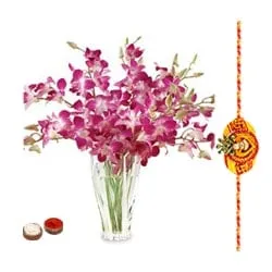 Classic Purple Orchids in a Vase with a Free Rakhi