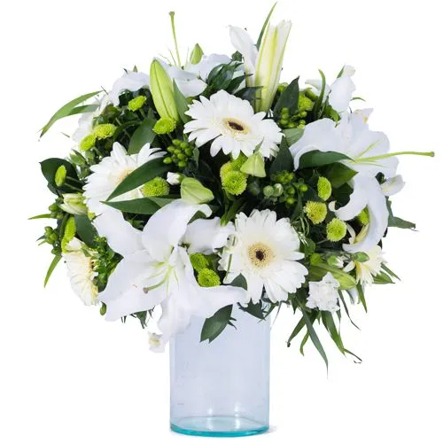 Pleasant Memory White Gerberas N Lily in Vase