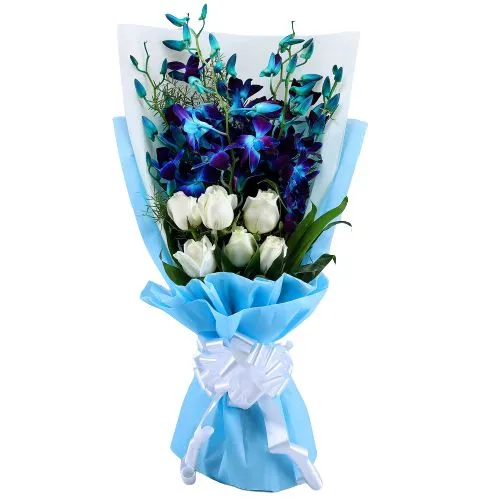 Buy Tissue Wrapped Blue Orchids N White Roses Bouquet