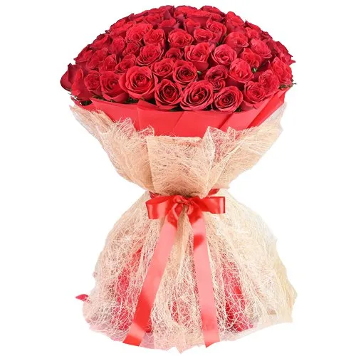 Shop for Red Roses Bouquet in Red Paper N White Jute Wrapping