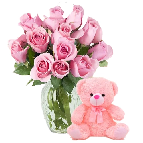 V-Day Combo Gift of Pink Roses N Teddy