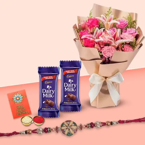 Mixed Flowers Bouquet with Rakhi and Cadburys Dairy Milk Chocolates