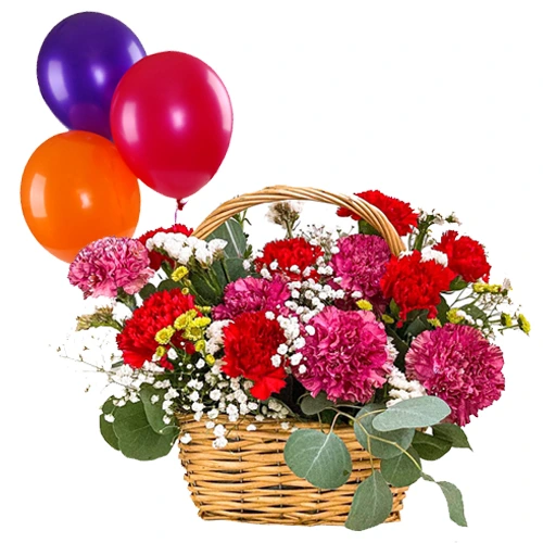 Sophisticated Basket of Mixed Carnations with Balloons