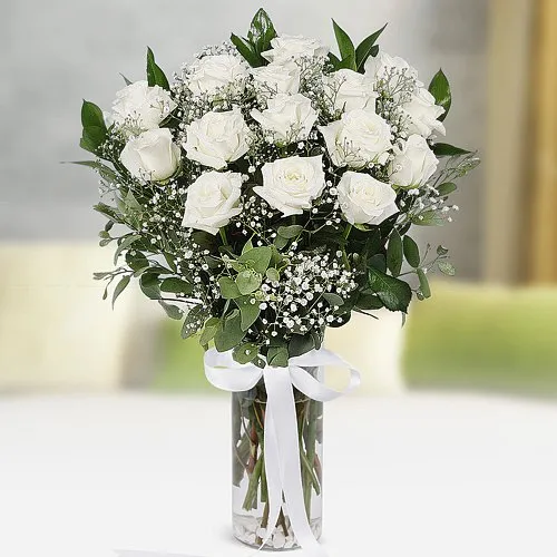 Deluxe Sympathy White Roses in a Vase