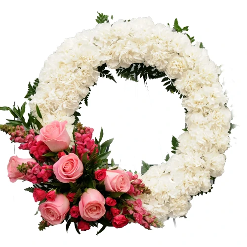 Buy Pink Roses and White Carnations Wreath Online
