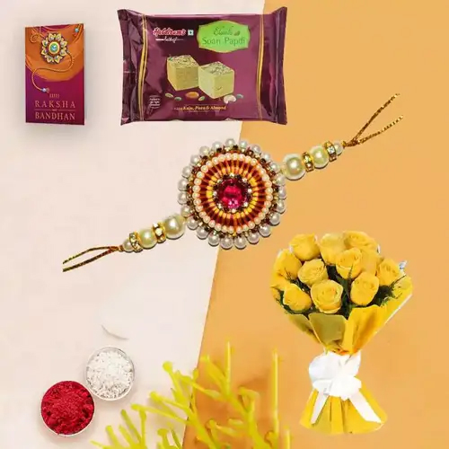 Romantic Morning Yellow Roses Glory with 200 gms. Soan Papdi and one pc. Rakhi