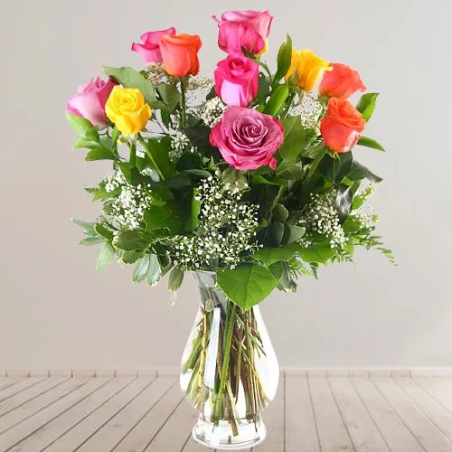 Send Colorful Roses Arrangement in Glass Vase