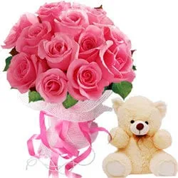 Order Pink Roses Bouquet with Cute Small Teddy Online