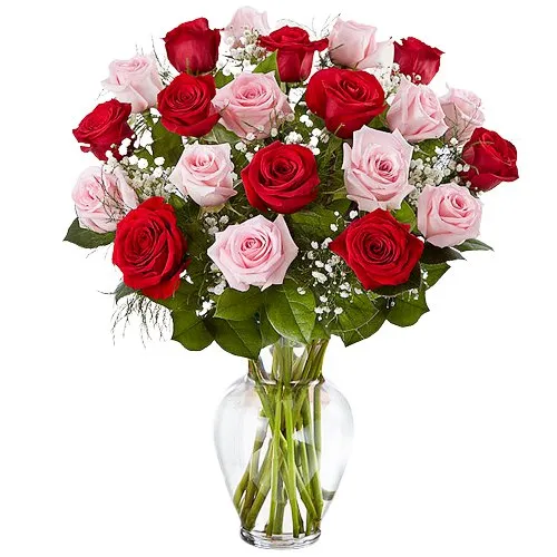 Shop Online Red N Pink Roses in a Glass Vase
