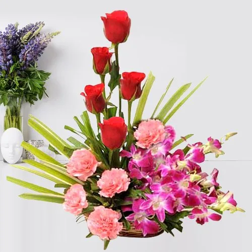 Pretty Mixed Flowers Basket Arrangement