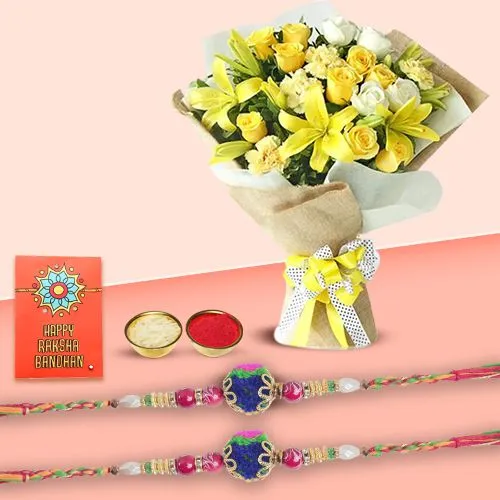 Mellowing Bouquet of Flourishing Flowers with Free 2 Rakhis and Roli Tilak Chawal