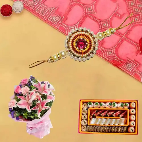 Lively Bunch of Amazing Flowers with 250 Assorted Sweets with One pc. Rakhi