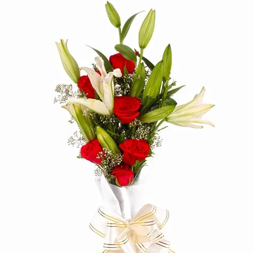Send Red Roses N White Lilies Tissue Wrapped Bouquet