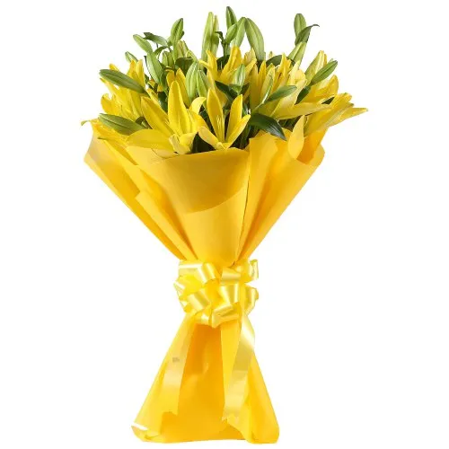 Send Yellow Lilies Tissue Wrapped Bouquet