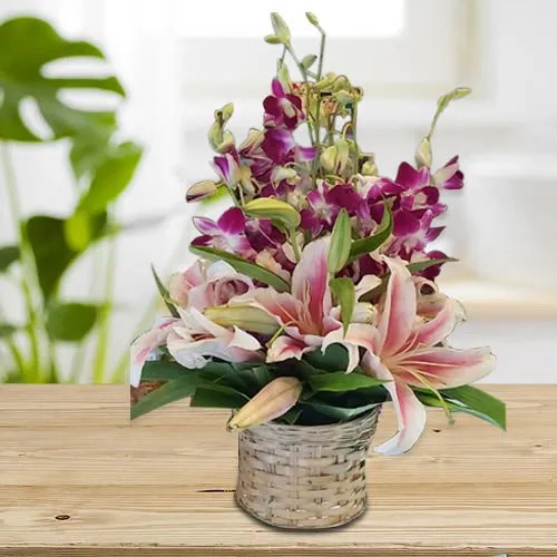 Buy Pink Oriental Lilies n Purple Orchids Arrangement