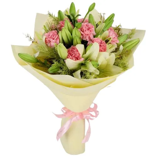 Wonderful Bouquet of White Lilies N Pink Carnations