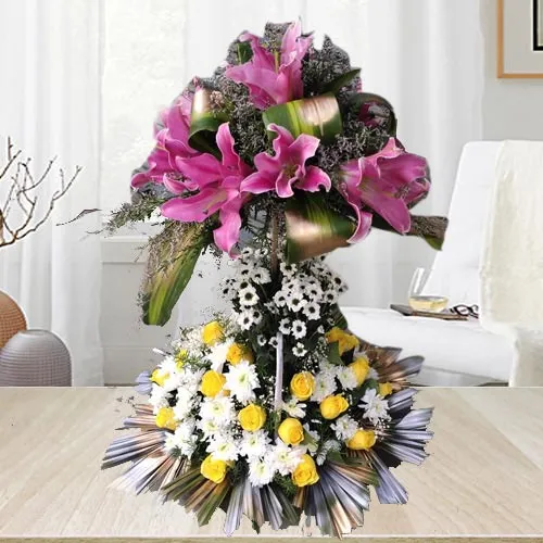 2 Tier Arrangement of Lilies, Roses N Chrysanthemum