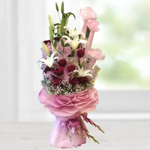 Designer Bouquet of Red Roses n White Lilies