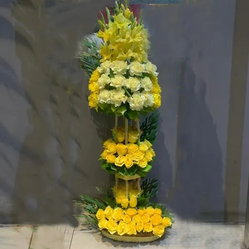 Gorgeous 3 Tier Yellow Flowers Arrangement for Golden Anniversary