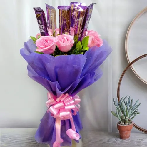 Delightful Bouquet of Pink Roses with Cadbury Dairy Milk